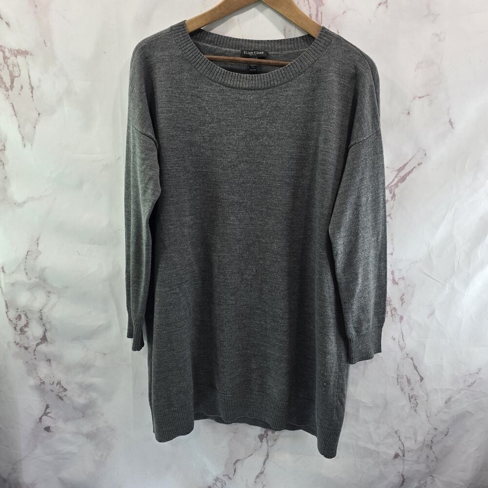 Eileen Fisher Sweater Womens Large Petite Gray Lightweight Merino Wool Crew Drop